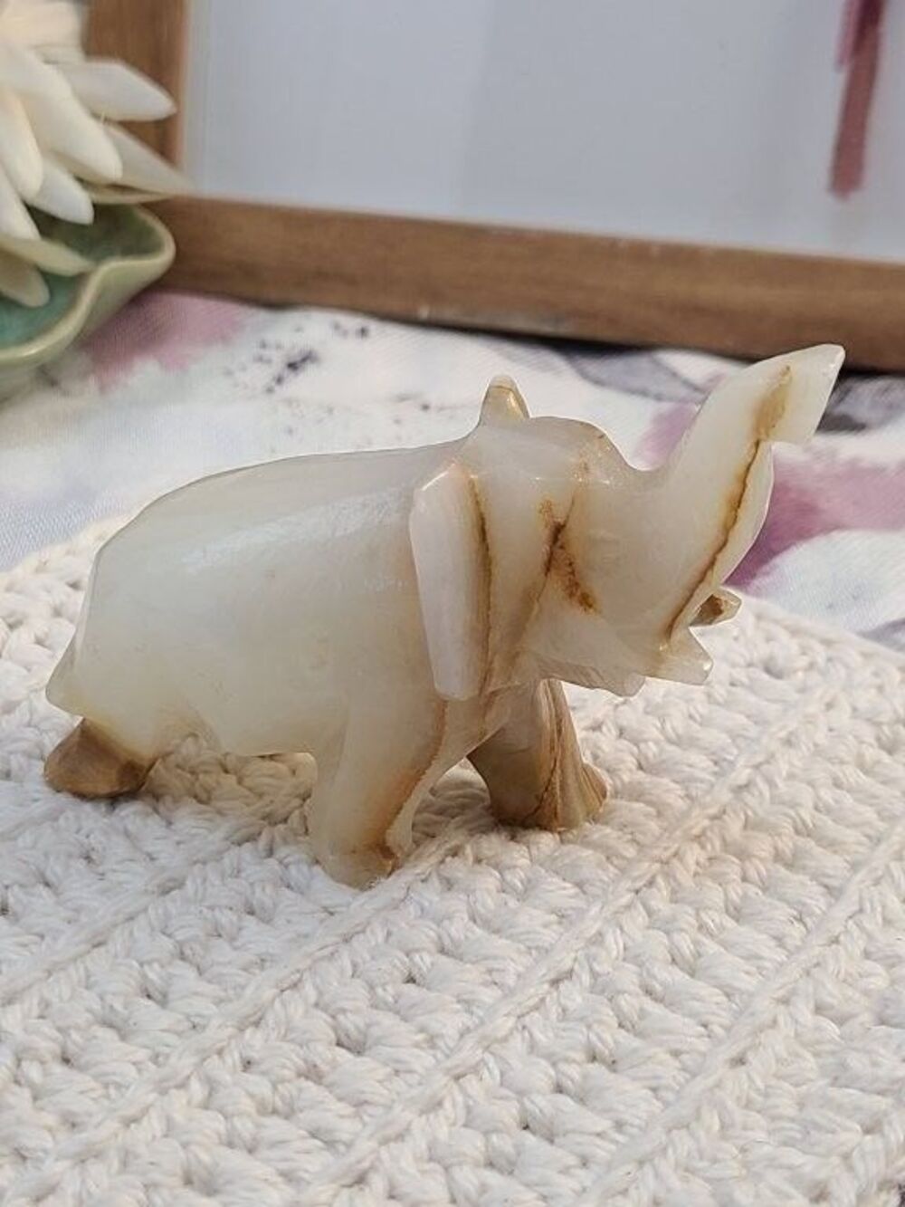 Carved Onyx Marble Elephant Figurine Trunk Up 3" Stone Statue Good Luck Decor